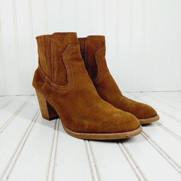 Dolce Vita Brown Suede Leather Pull On Side Elastic Block Heel Ankle Booties E44 - Picture 4 of 12